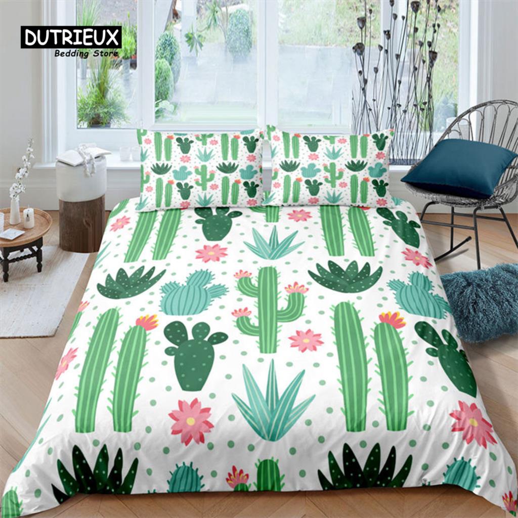 Cartoon Cactus Duvet Cover Spring Garden With Boho Style Bouquet of Thorny Plants Blossoms Decor 3 Piece Bedding Set Pillowcases