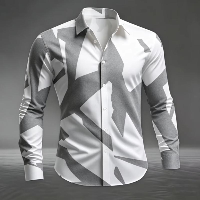 Men's Artistic Geometric Abstract Print Long Sleeve Dress Shirt Smooth Breathable Fabric Slim Fit Formal Business Casual Social