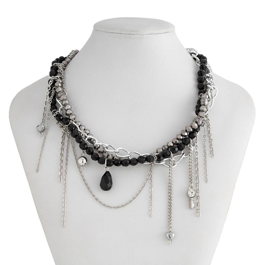 Retro Water Drop Key Heart Shaped Round Bead Tassel Pendant Necklace 2025 Multi Layer Black Crystal Girl Fashion Jewelry