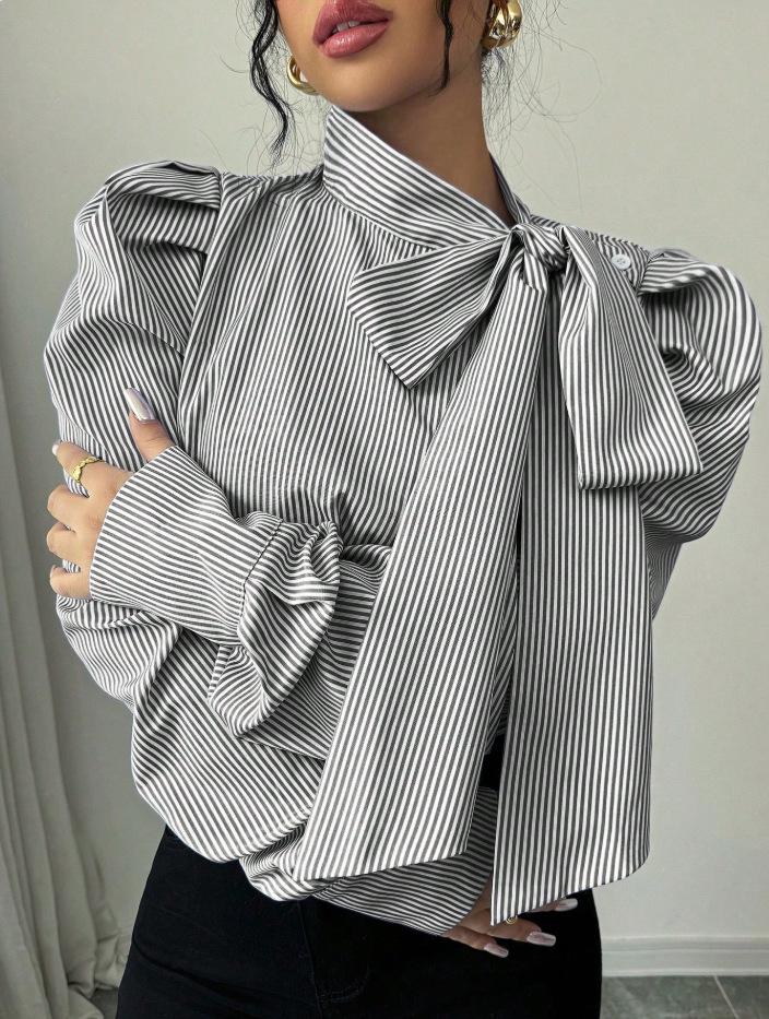 2026 Spring Women's Striped Casual Long-Sleeve Shirt with Ribbon Bubble Sleeves