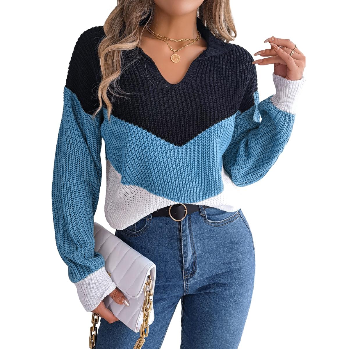 

Женский джемпер с лацканами, v-образным вырезом, рукавом-фонариком, полосатый вязаный пуловер с цветными блоками, свитер, вязаный пуловер, топы, трикотаж L