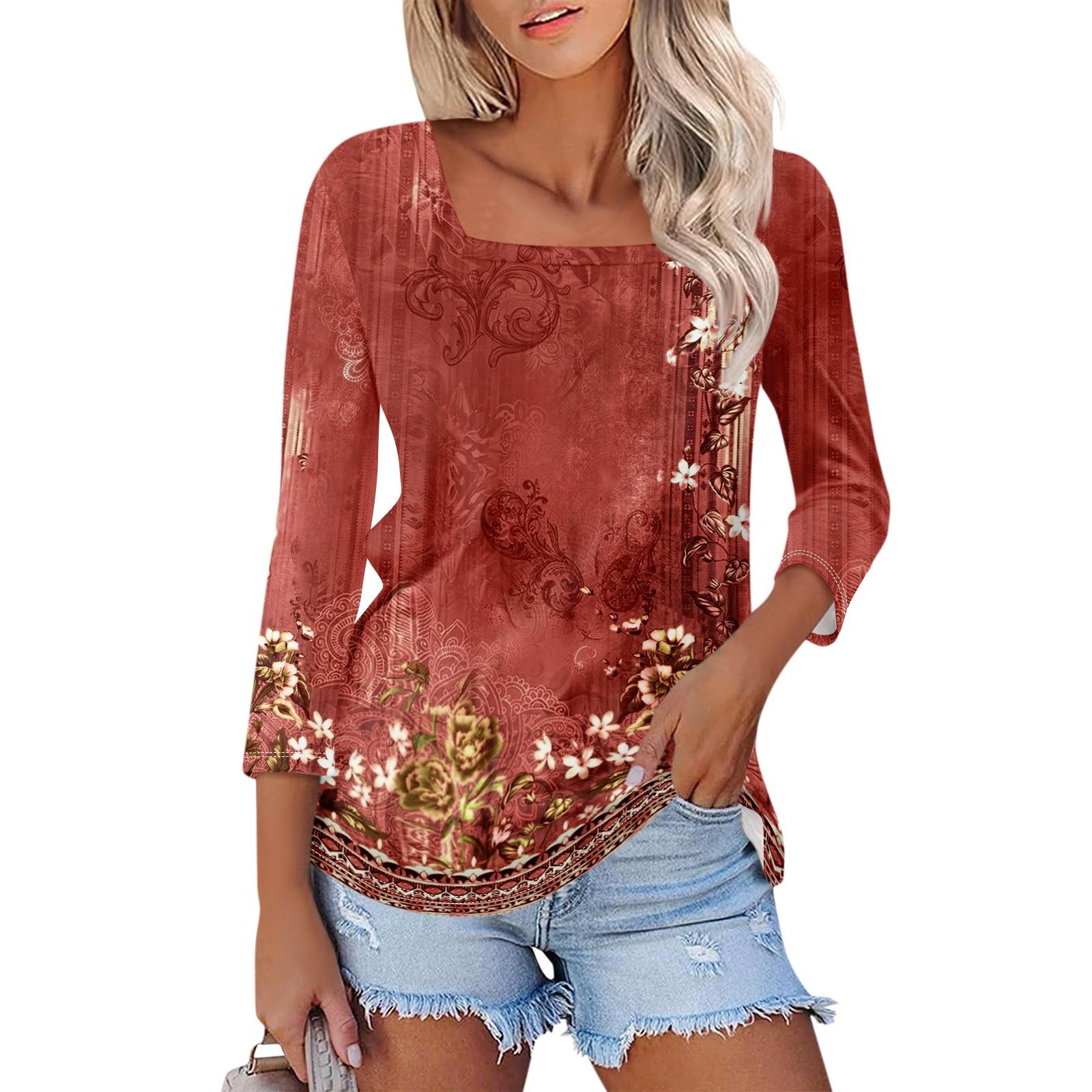 

Женская блузка с рукавом 3/4, квадратным вырезом и цветочным принтом, повседневная свободная туника XXL