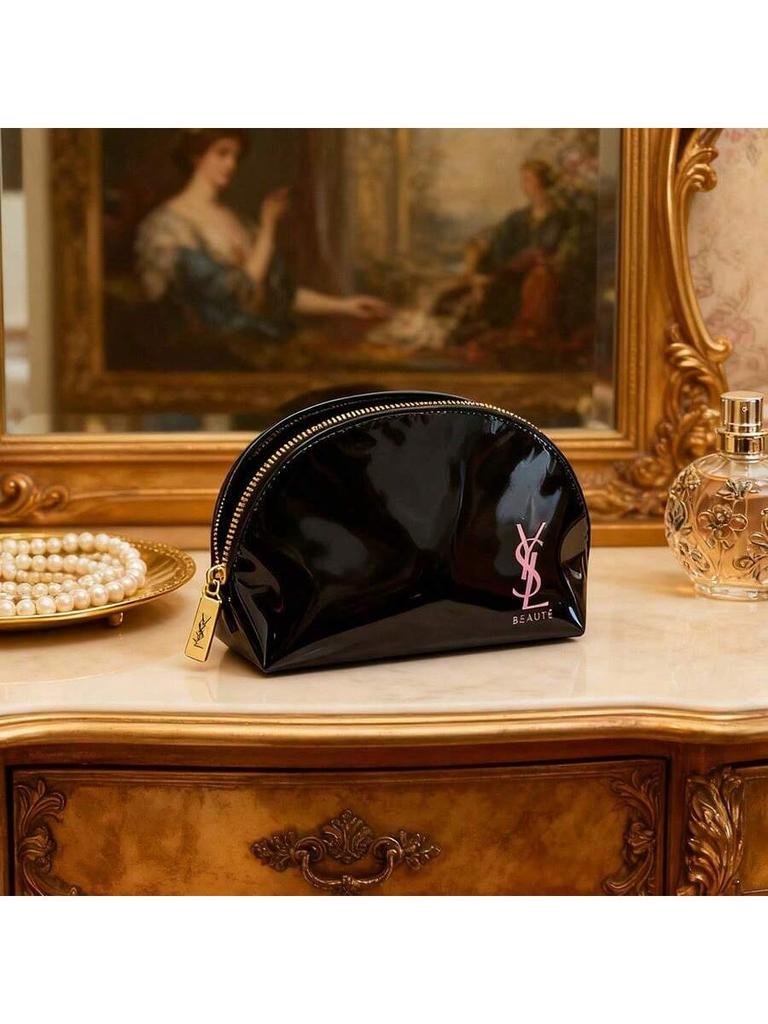 YSL Black PU Shell Makeup Bag - High-Gloss Large Capacity Clutch & Toiletry Case Christmas