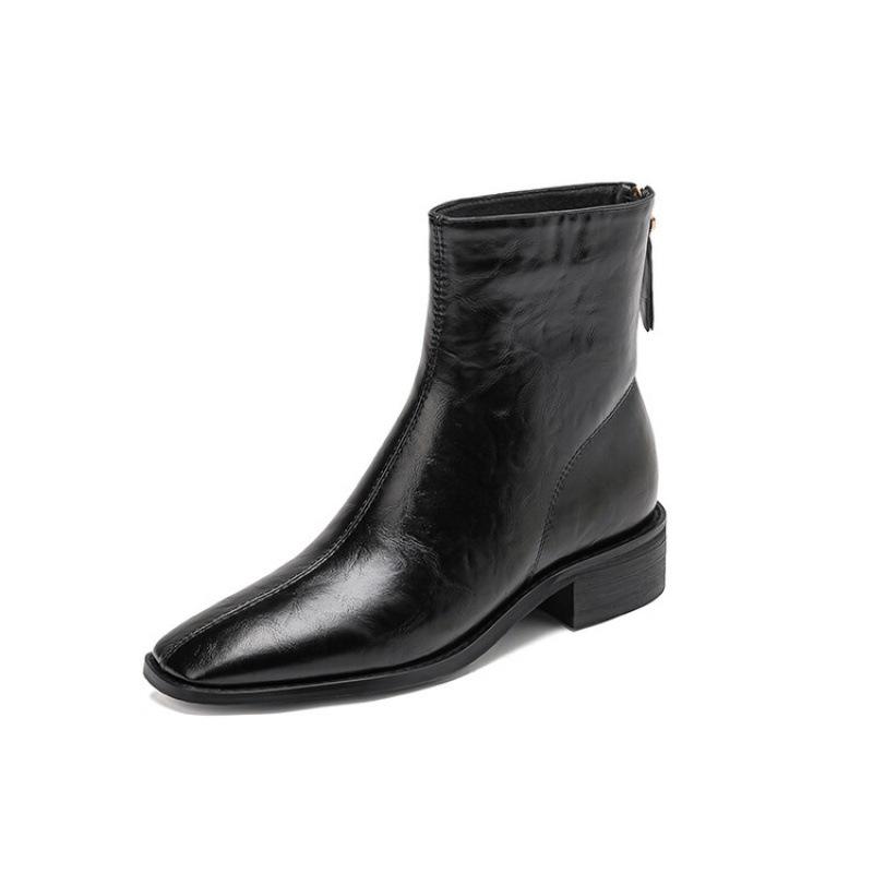 Korean version of the new square head Martin boots women's rubber sole large size leather boots with comfortable rear zipper autumn and winte