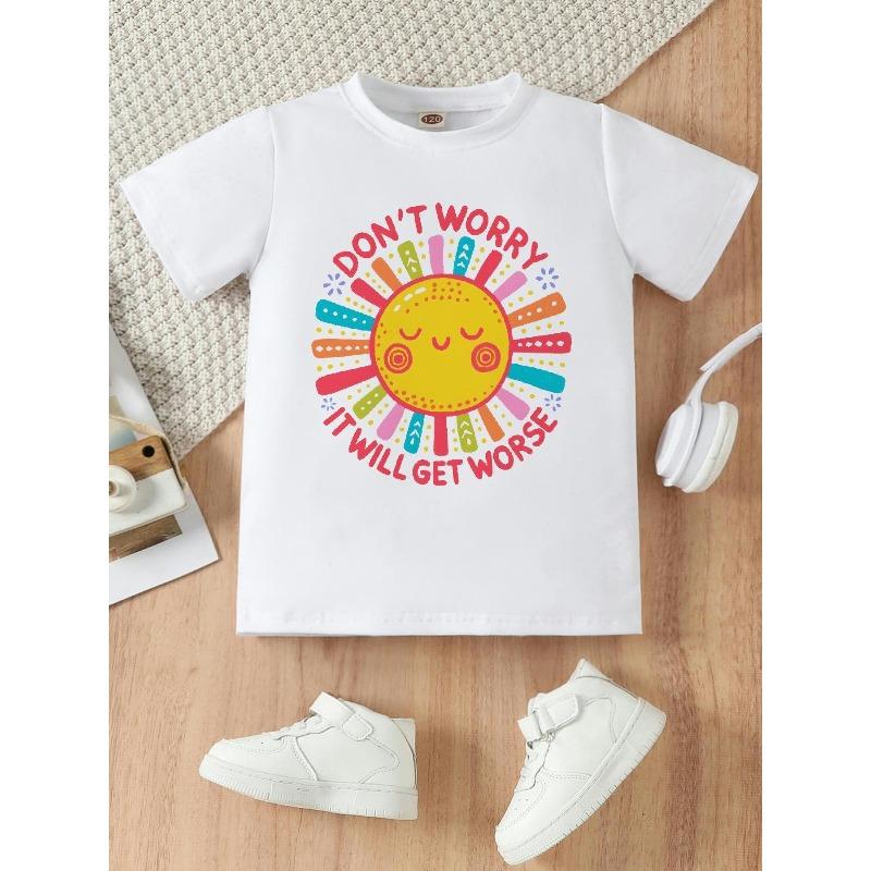 European sizes Fashionable and Casual Round Neck Short-sleeved T-shirt for Girls, Featuring a Fun and Colorful Cartoon Sun Print