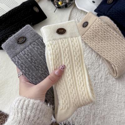Wool Socks Children'S Warm Fleece Medium Tube Socks Season Warm Fleece Thickened Egg Button Twist Stacking Socks Women