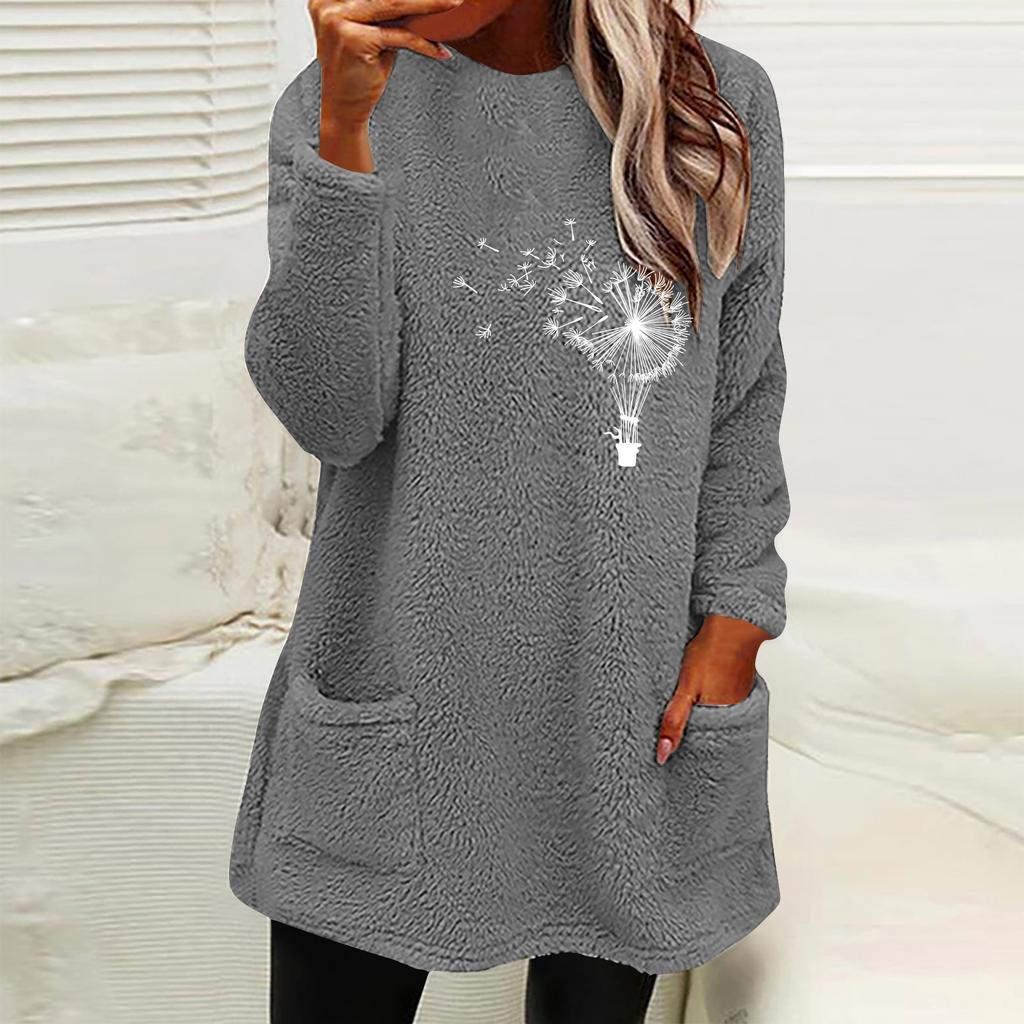 Women's Loose Fit Crew Neck Tunic Sweatshirt Long Sleeve Double Fleece Pullover Top Dandelion Floral Print Casual Fall Sweater With Side Pockets