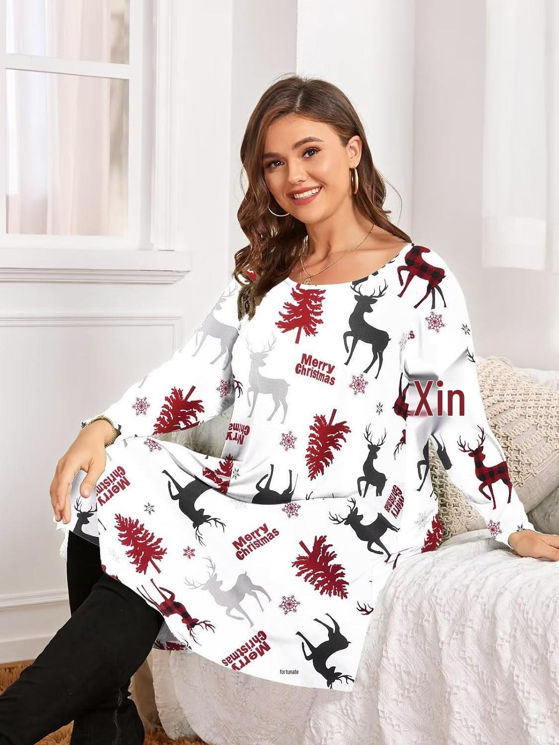 

Women s Fashion Christmas Print Mid-Sleeve Plus Size Dress - European/American Style XL