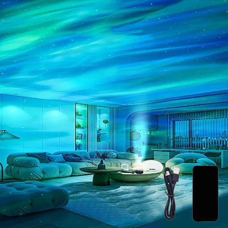 USB Star Projector Aurora Galaxy Night Light 5V 360° Rotating Ocean Wave Northern Light with Remote Control Bedroom Party KTV