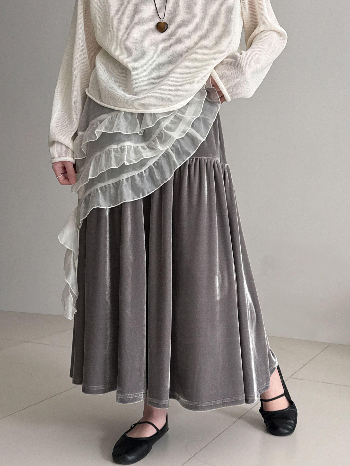 Lu Xi Velvet High-Waisted A-Line Skirt - Women s Early Spring Korean Patchwork Style L