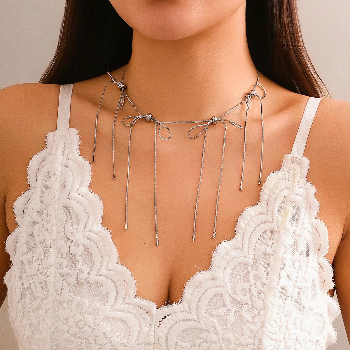 

Tassel Bow Tie Versatile Sweet and Cool Simple Design Sense Beautiful Women Women s Stainless Steel Necklace for Girls Wholesale