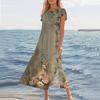 Ladies' Fashionable Summer Casual Pleated Sleeves, Loose Retro Floral Print, Short Sleeves, Round Tie, Pocket Beach Dress