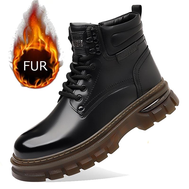 Fashion Classic Brand Genuine Leather Chelsea Boots Men Winter Warm Plush Mens Shoes Ankle Boot Thick Soled Fashionable Motorcycle Boots