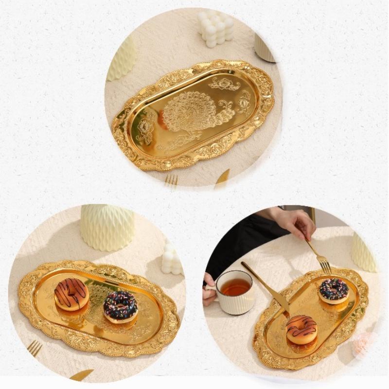 European Vintage Fruit Plate, Alloy Household Rectangular Plate, Golden Dessert Hotel Tray, High-End Home Tabletop Decoration