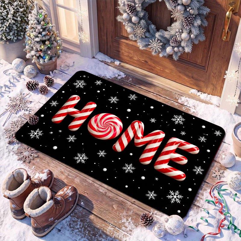Candy Cane HOME Doormat Snowflake Sweet Welcome Rug Creative Lettering Entryway Carpet Patio Sunroom Bar Floor Decor Mat