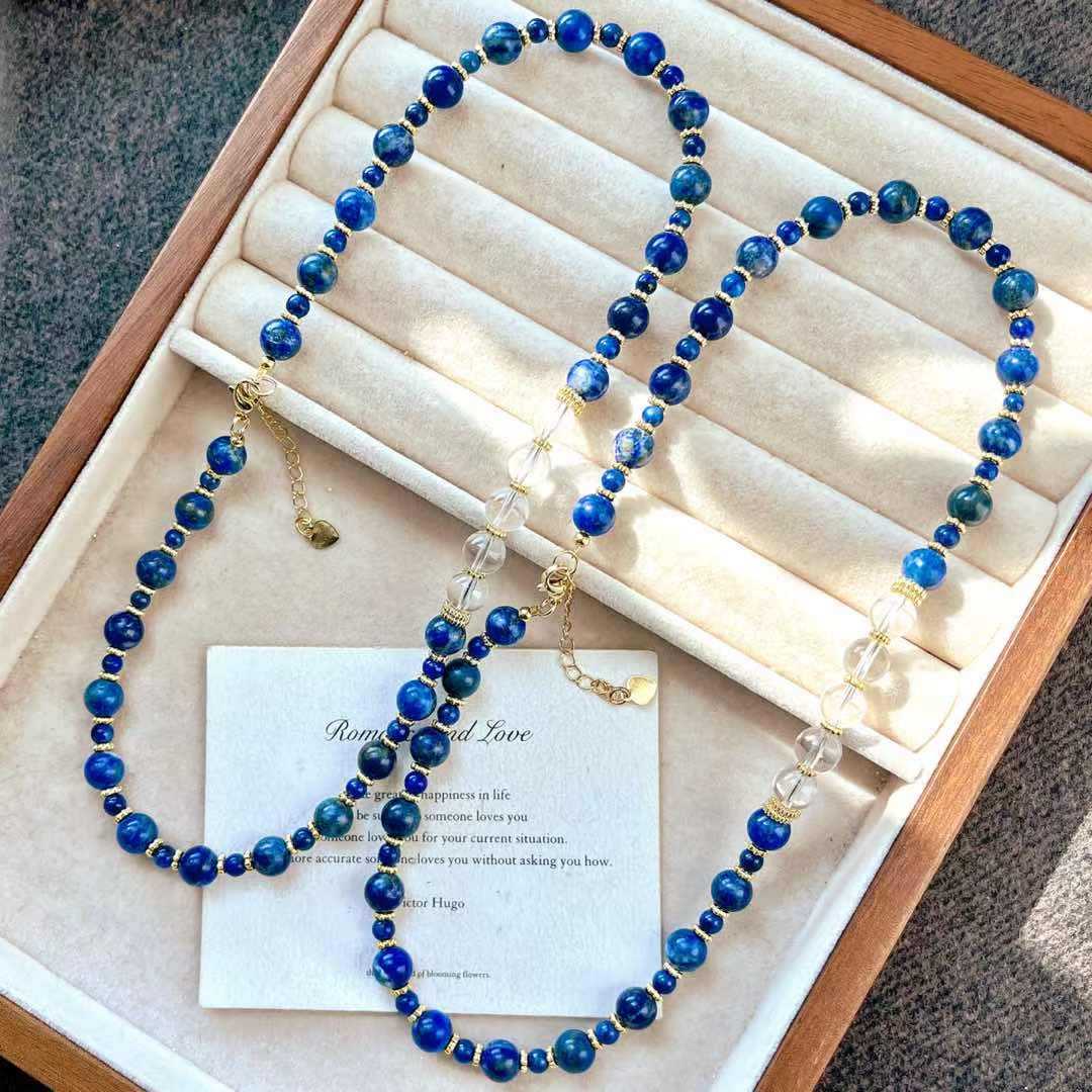 

Vintage Natural Lapis Lazuli White Crystal Necklace Collarbone Chain
