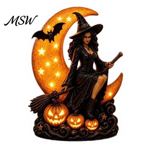 Spooky Halloween Party Supplies Witch Lamp, Gothic Crescent Moon LED Night Light, Resin Home Decor Decorative Table Lamp for Bedroom Bookshelf Unique