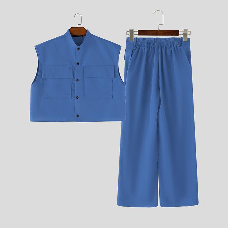 

INCERUN Two Pieces Men Outfits Sleeveless Cropped Waistcoat Tops Long Pants Casual Sets 5XL синій