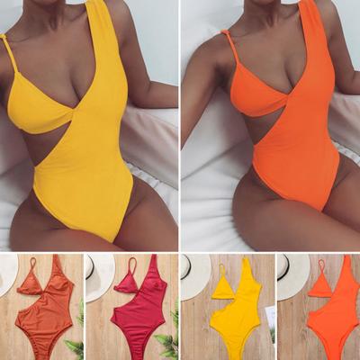 Bikini Jednokolorowe z Głębokim Dekoltem V Lato Seksowny Jednoczęściowy Strój Kąpielowy Damski na Basen