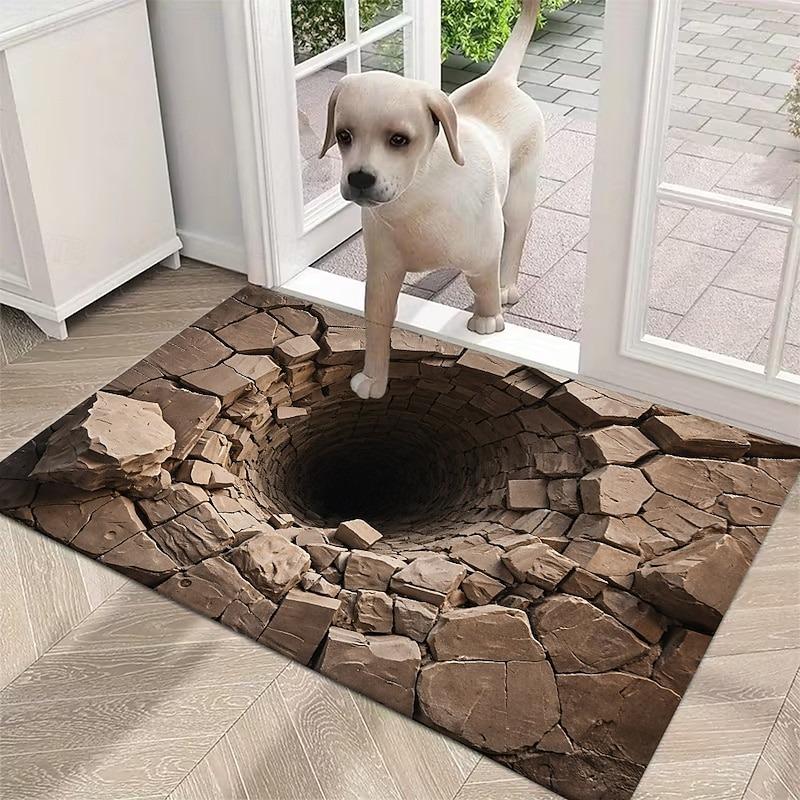 3D Optical Illusion Doormat Deep Hole with Cracked Stone Effect 2D Flat for an Impressive Entryway Statement Rug Welcome Mat