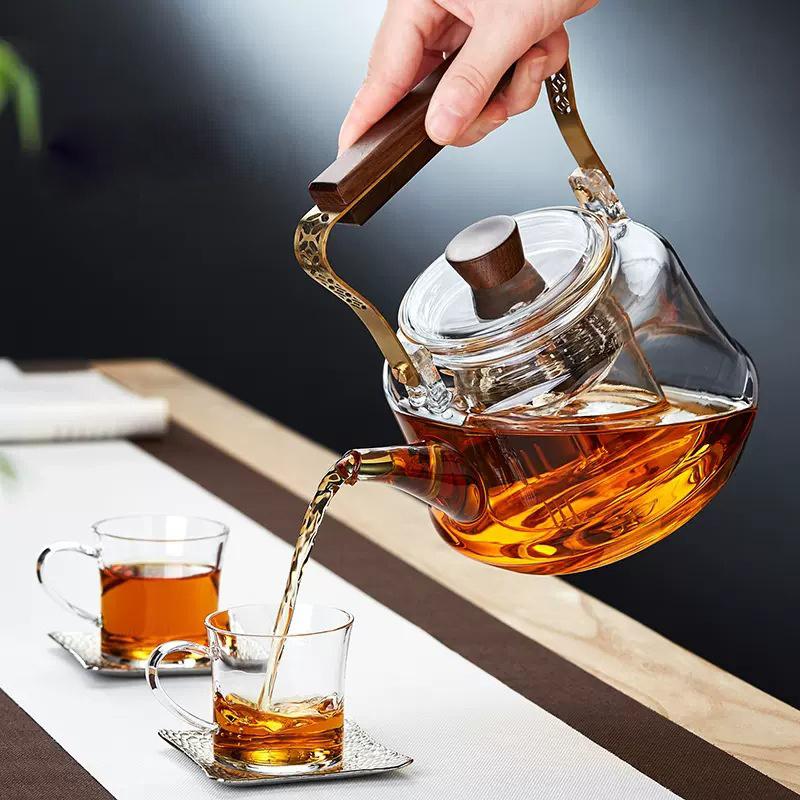 Japanese Heat Resistant Glass Tea Pot with Tea Infuser Copper Wood Handle Kungfu Tea Kettle Brewing Puer Teapot Teaware