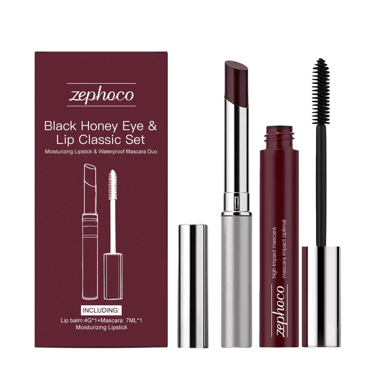 Zephoco Make-up Set Zwart Honing Lippenstift Waterproof Mascara Verlengende Wimper Mascara Hydraterende Lippenstift Bruin Zwart Mascara