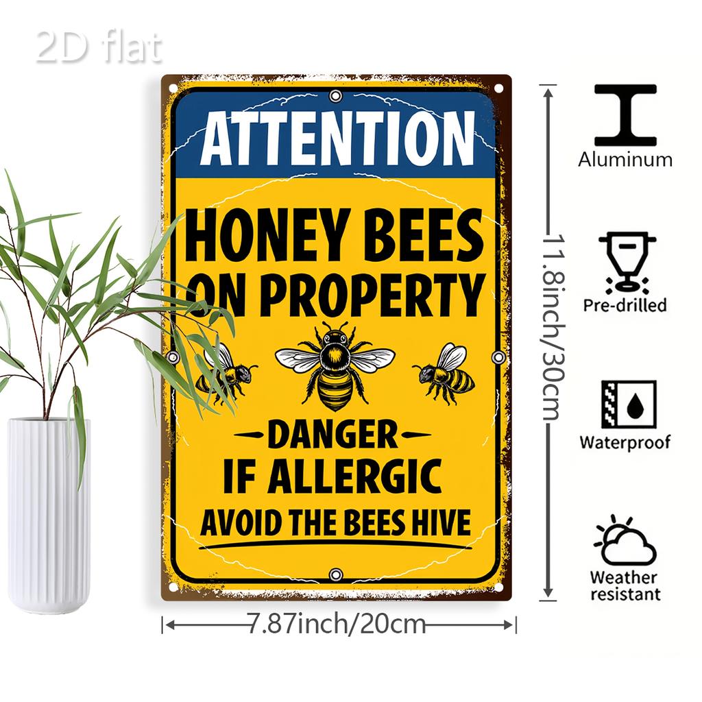 x Inch Vintage Bee Warning Sign Beware of Hive Funny Design Garden Patio Farmhouse