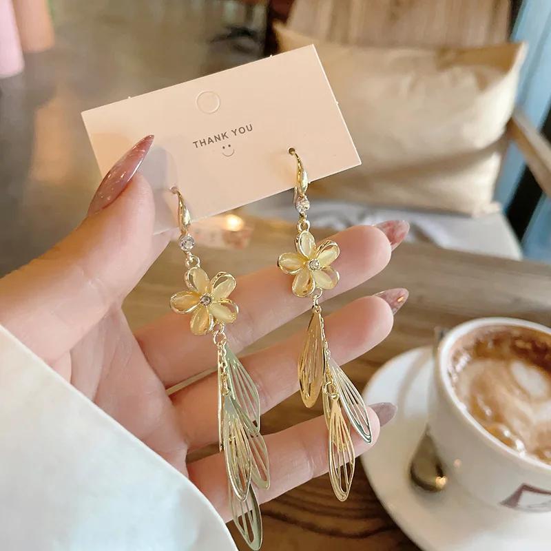 Korean Trend Flower Earrings Long Tassel Ear Line Crytal Chain Drop Earrings For Women Girls Daily Jewelry Party Gifts