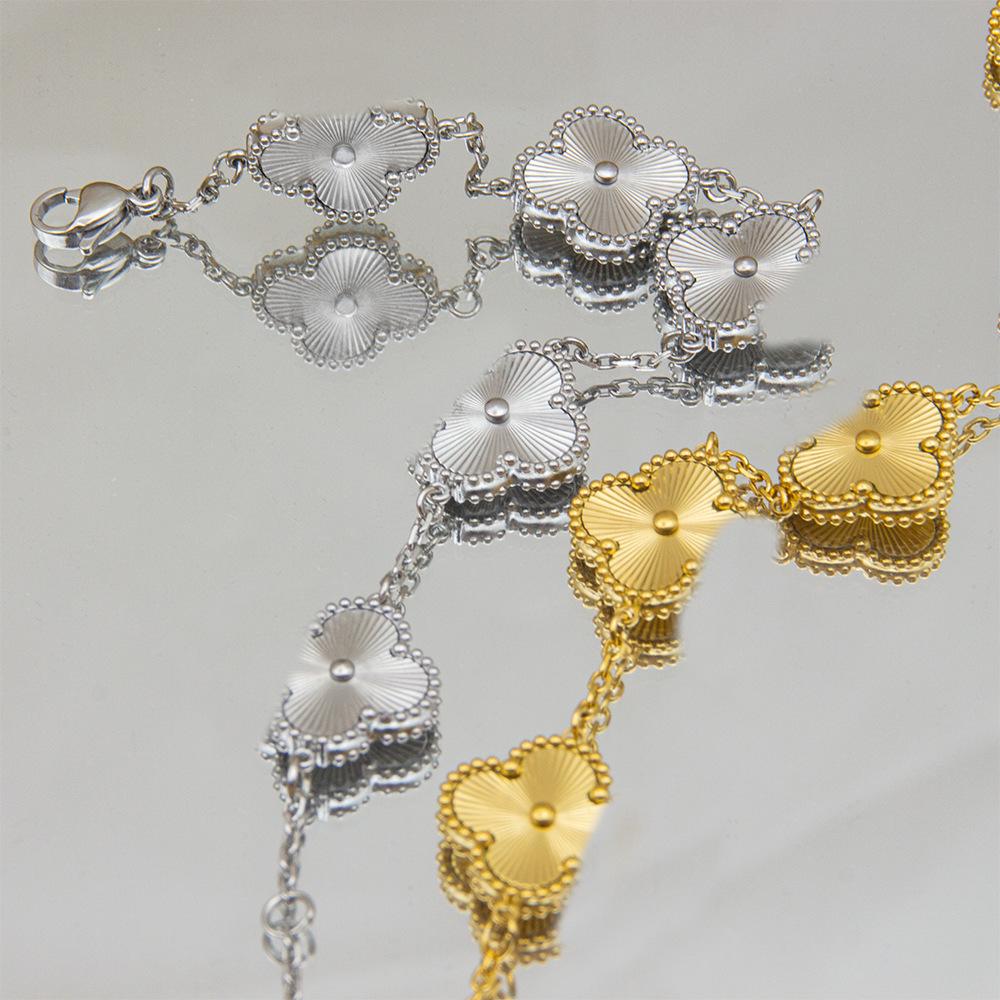 18K Gold CNC Laser-Engraved Four-Leaf Clover Bracelet & Five-Petal Necklace Set
