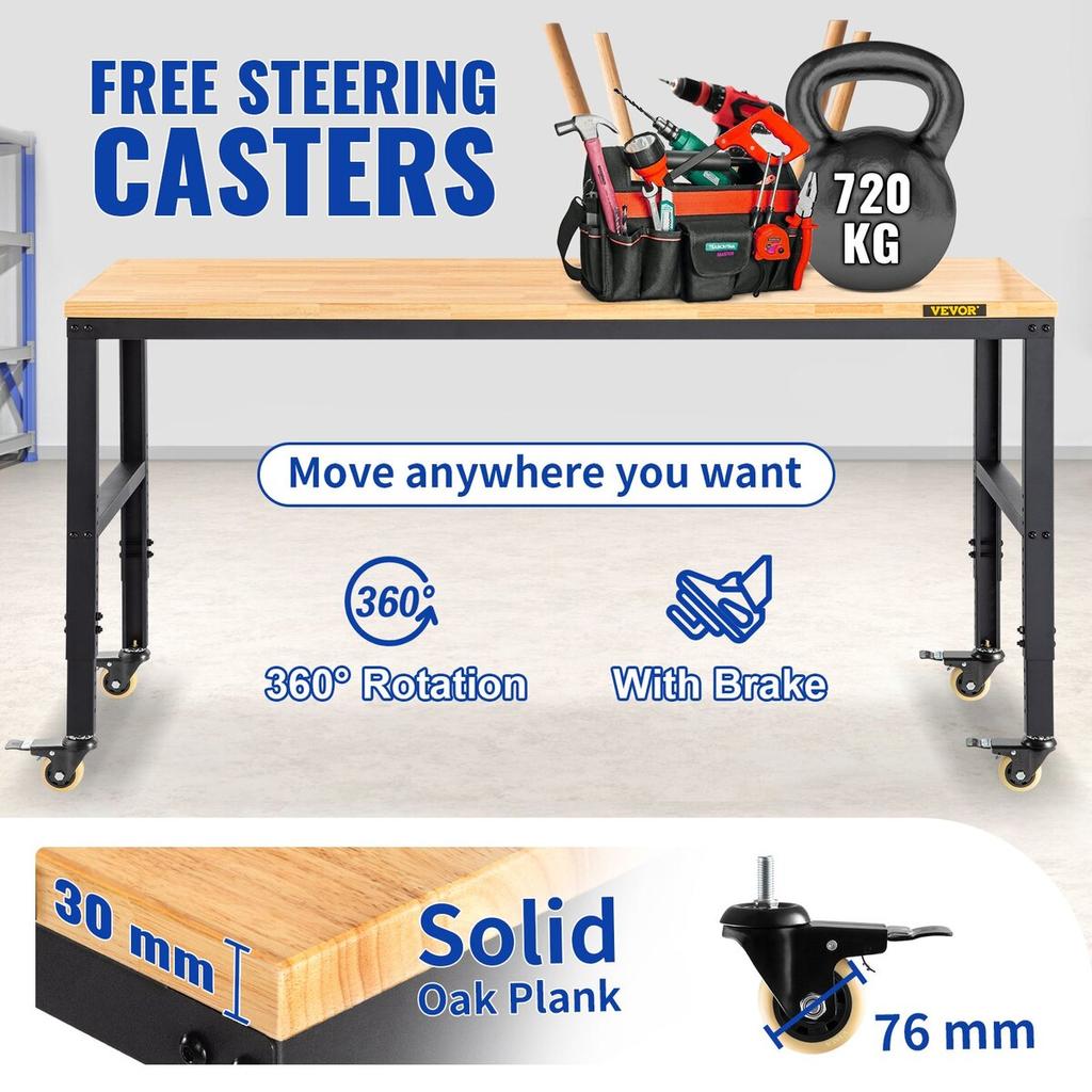 Workbench Adjustable Height, 155 x 51 cm Garage Table w/ 80 – 105 cm Heights & 720KG Capacity, with Power Outlets & Hardwood Top & Metal Frame &