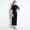Sexy Evening Mesh Special Occasion Women's Short Sleeve Party Stand Collar Backless Prom Cocktail Robe Dresses With 3D Flower
