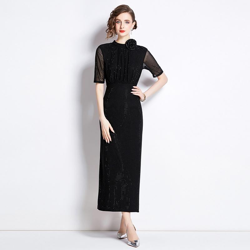 Sexy Evening Mesh Special Occasion Women's Short Sleeve Party Stand Collar Backless Prom Cocktail Robe Dresses With 3D Flower