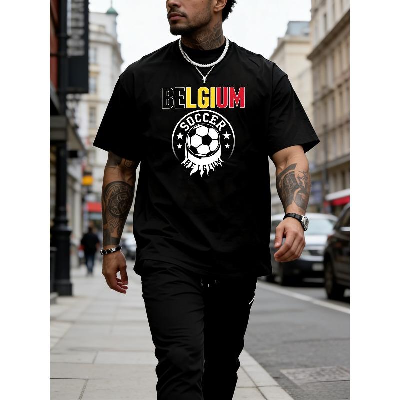 

Summer Plus Size Men s Casual Fashion Crew Neck T-Shirt, Belgian Football Graphic Print Pure T-Shirt, Vintage Sporty Style Soft Short Sleeve 2XL чёрный