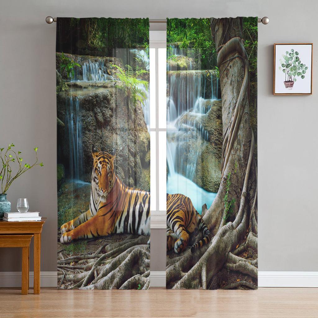 Wild Animal Tiger Walking In The Snow Sheer Curtains for Living Room Decoration Window Curtains Kitchen Tulle Voile Curtains
