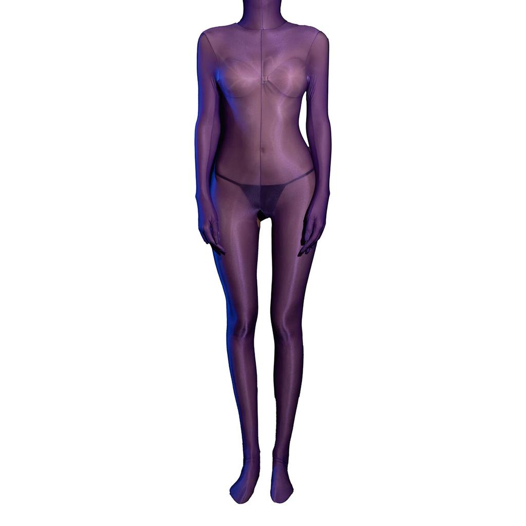 Womens Glossy Sheer Bodystocking Bodysuit Fully Head Hands Covering Crotchless See-Through Tempting Teddies Lingerie Nightwear