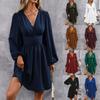 Autumn and Winter New Diagonal Neck Lantern Sleeve Pleated Waist Dress