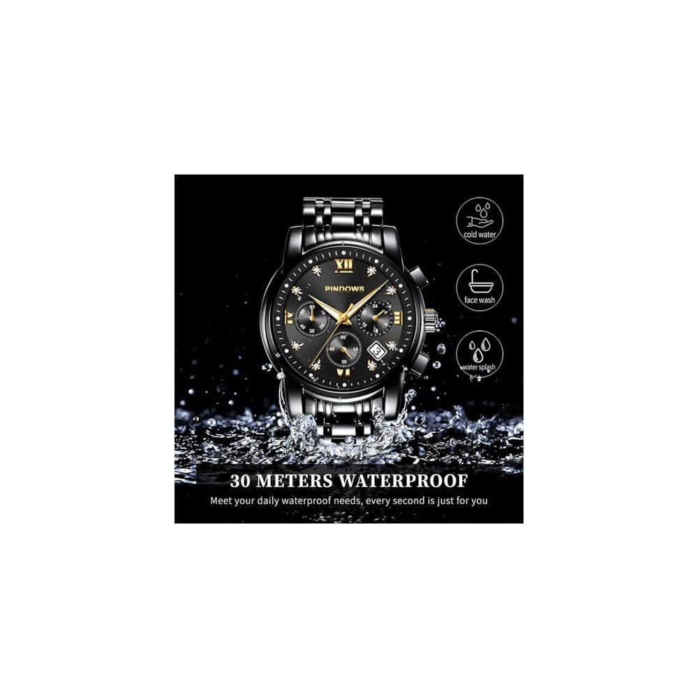 PINDOWS Men's Analog Quartz Watch Diamond Business Dress Waterproof Luminous Date Two-Tone Stainless Steel Band Classic Fashion Watch