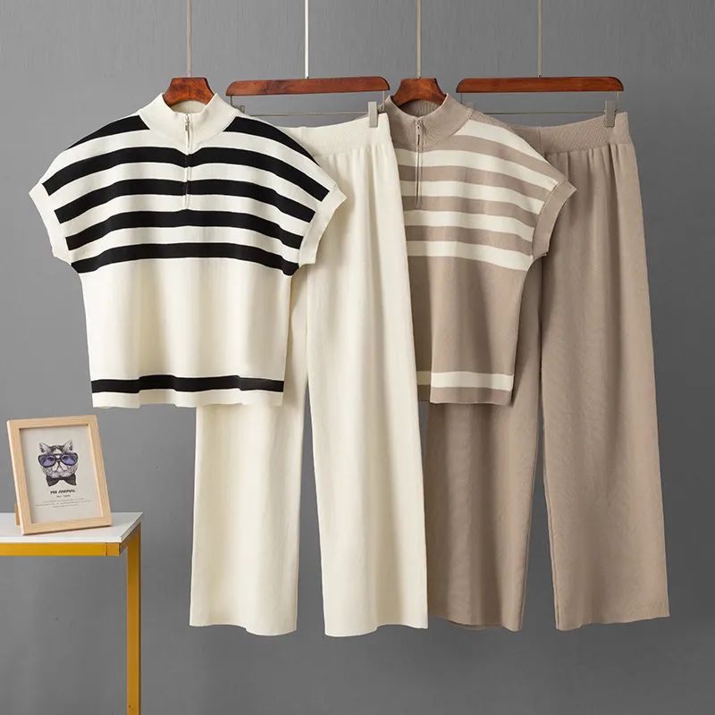 Cross-Border Foreign Trade Minimalist Fashion Suit Stripes Zipper Knitting Tops + Fashion Slim-Fit Wide-Legged Pants Two-piece Set Women