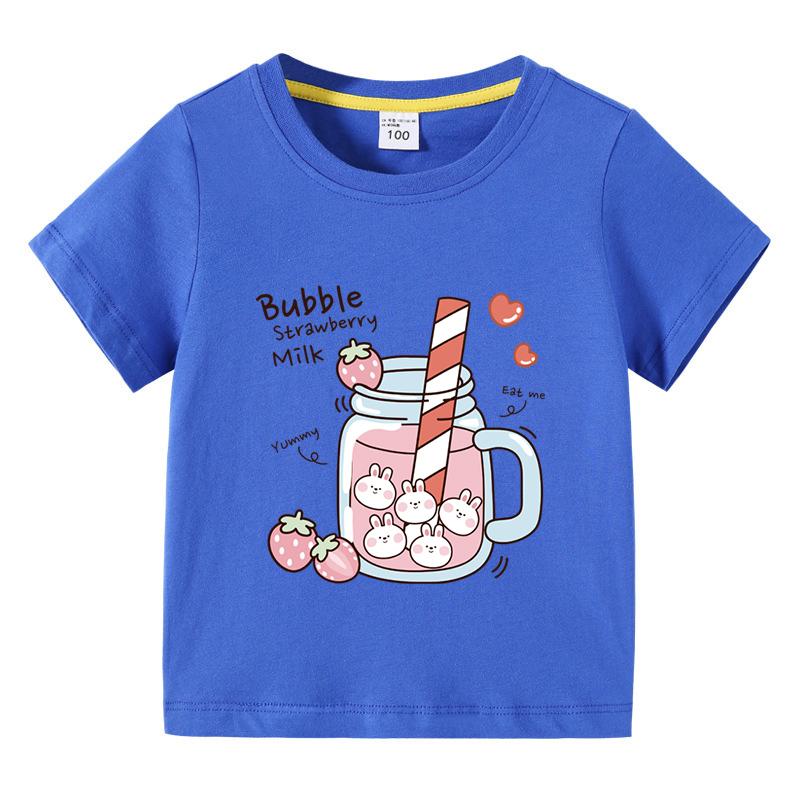 Girls TShirt Bubble Strawberry Milk Print Short Sleeve Tee Cute Cartoon Summer Casual Tops for Kids Children