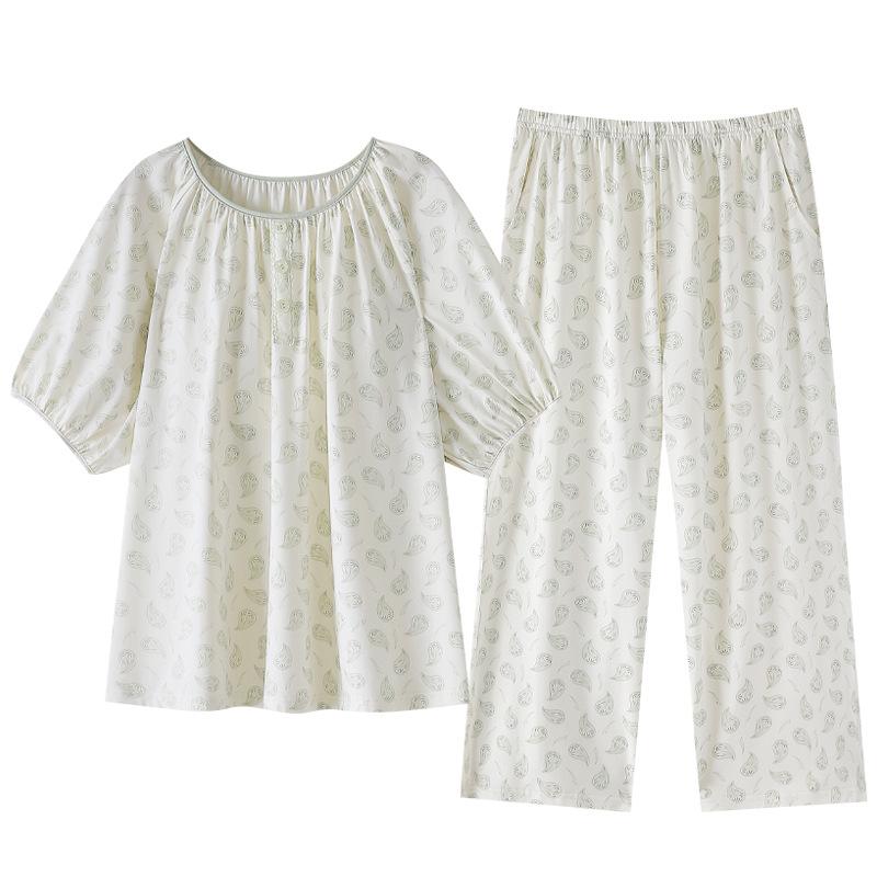 Pajamas women's pure cotton summer thin short-sleeved nine-point pants 1011 new integrated large-size loungewear set with chest pads