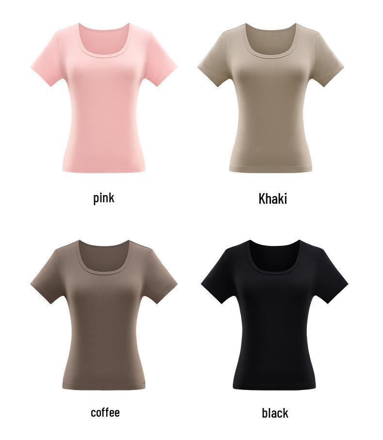 Women's Slim-Fit U-Neck T-Shirt: Trendy Summer 2025 Style, Solid Color, True Shoulder, Elastic, Short Sleeves, Thin Fabric.
