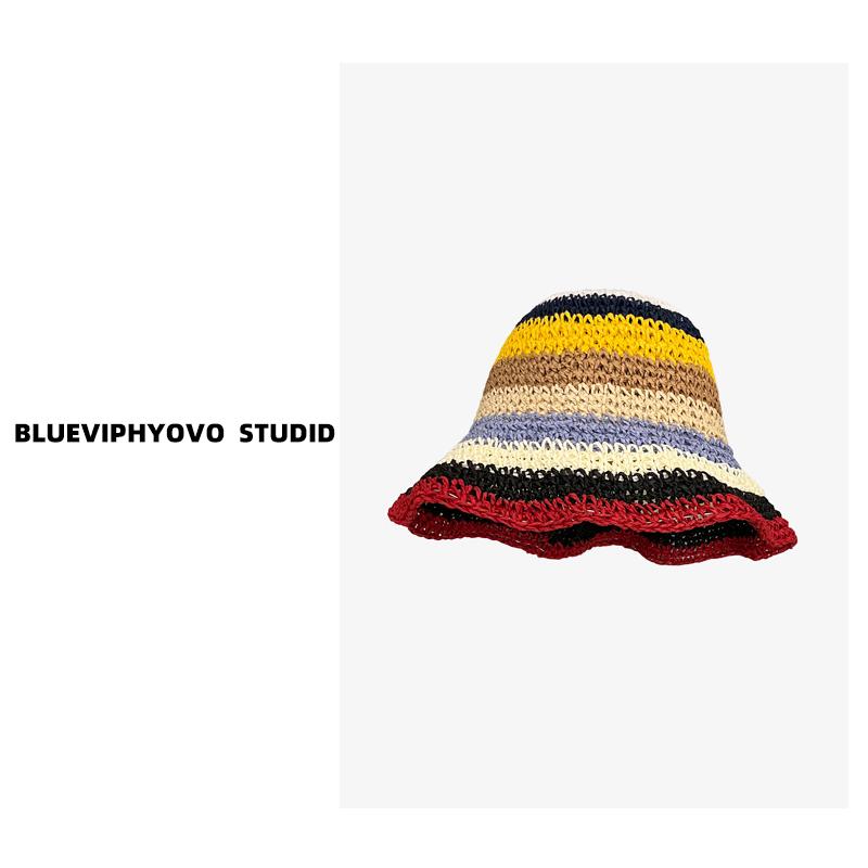 Di Lizheba Rainbow Hat Female Summer Visor Female Sunscreen Hat Dopamine Straw Hat Woven Bucket Hat