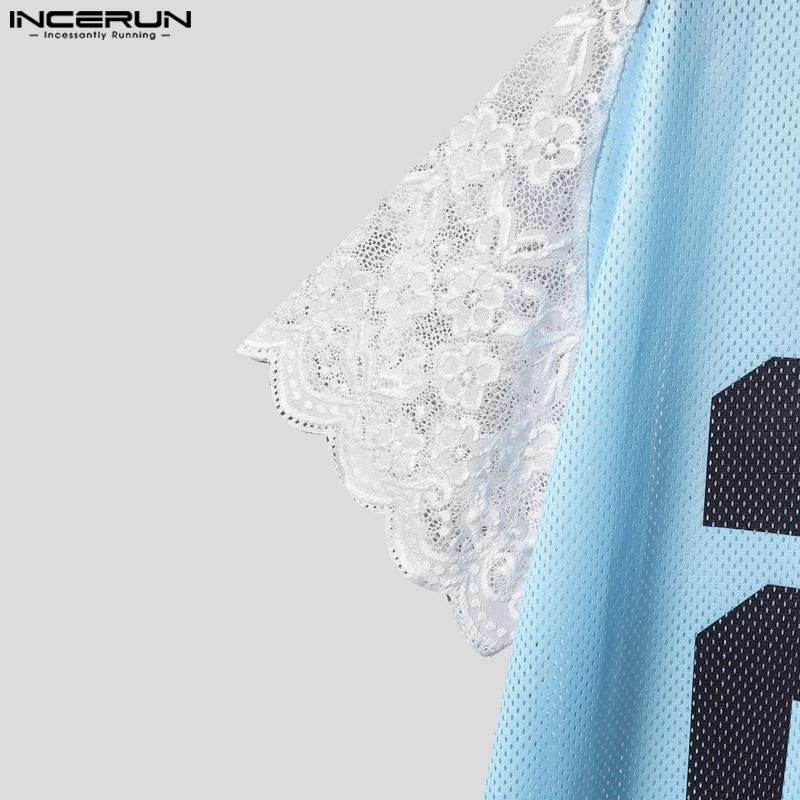 INCERUN Men Lace Short Sleeve Hollow Patchwork Print Loose T-shirts Tee