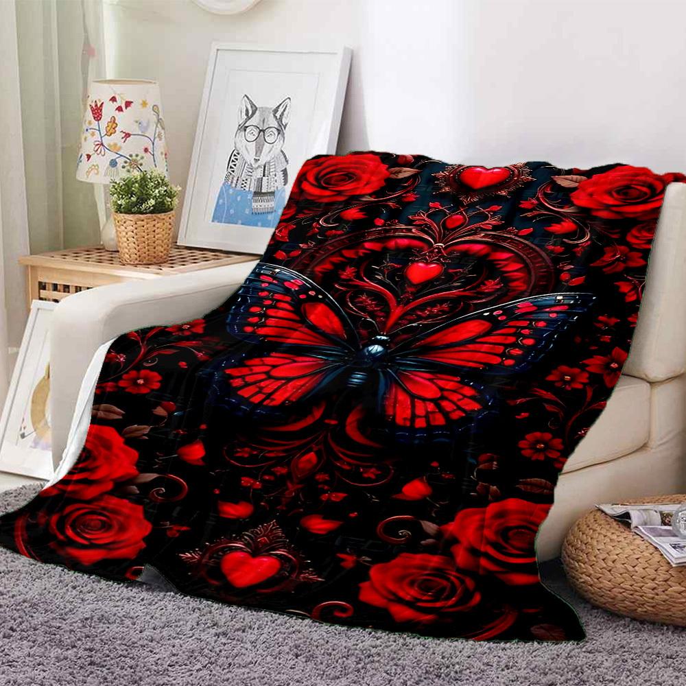 1pc Red Butterfly Roses Blanket Lightweight Flannel Blanket Throw Blanket For Sofa, Bed, Travel, Camping, Livingroom, Office, Couch, Chair, And Bed Yy