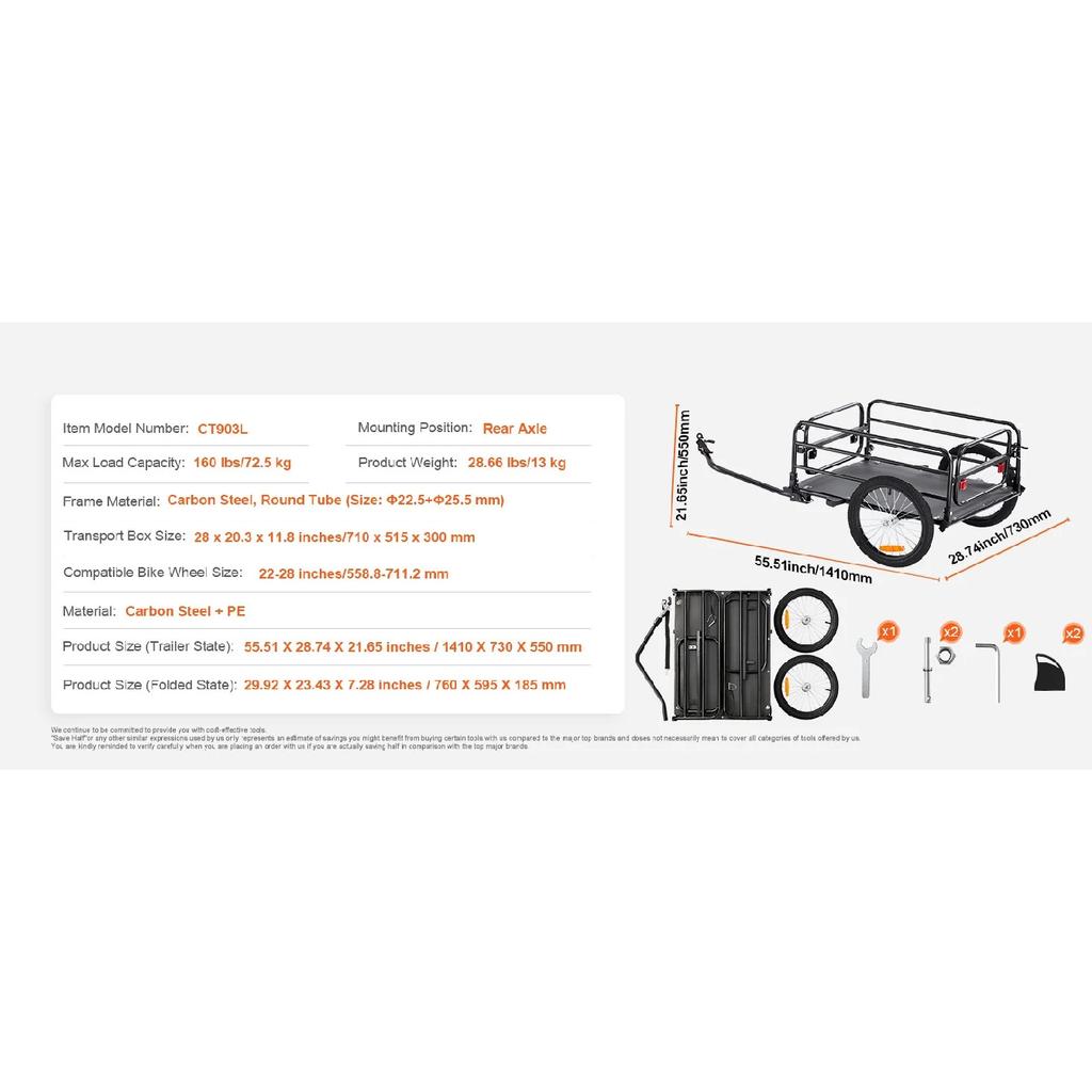 SucceBuy Remolque de Carga para Bicicleta de 160 lbs Plegable para Almacenamiento Carrito de Carro de Bicicleta con Ruedas de 16" Reflectores de Seguridad Se Adapta a Ruedas de Bicicleta de 22"-28"