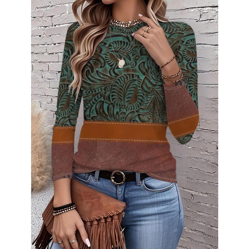 Autumn and Winter Women's Floral 3D Print Crew Neck Long-sleeve T-shirt with Ethnic Style