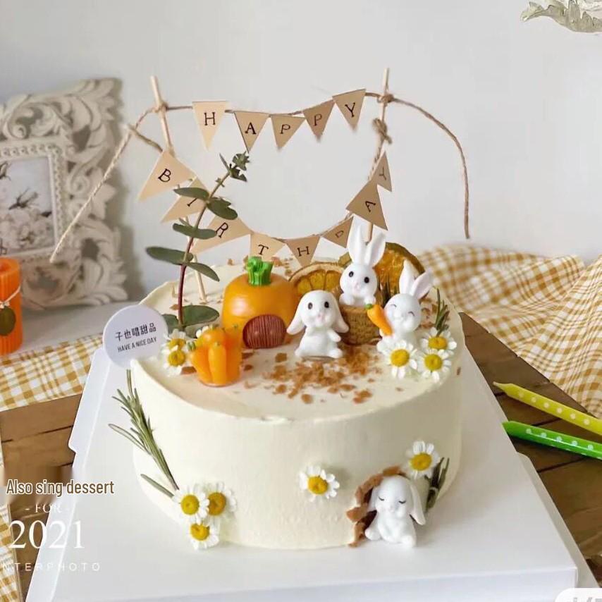 Pastoral Rabbit & Carrot Mini Basket Cake Topper Set