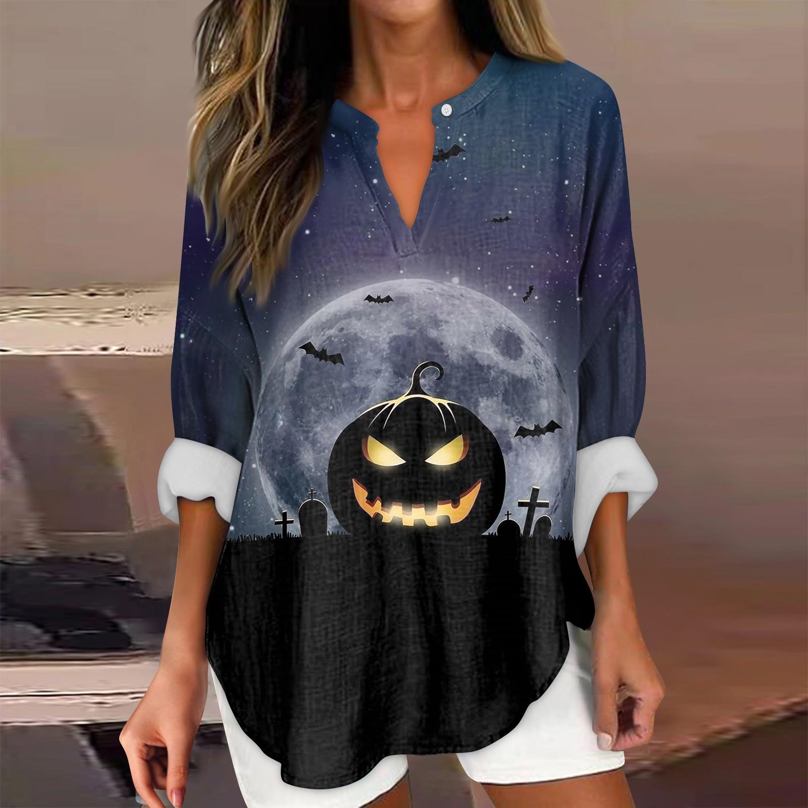 

Женские модные повседневные женские топы с v-образным вырезом и длинным рукавом с принтом на Хэллоуин XL жёлтый