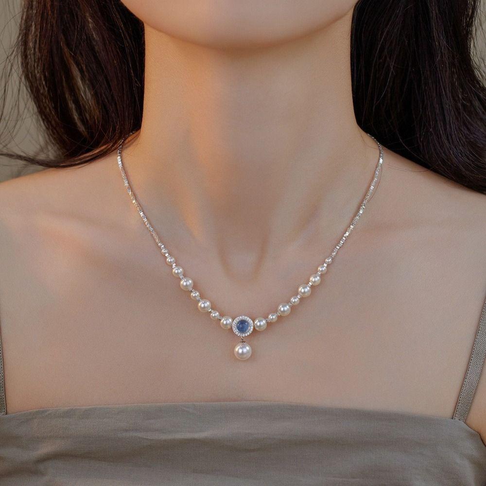 Exquisite Aquamarine Pendant Pearl Necklace Luxury Women Jewelry Pearl Strand Necklace  Gifts