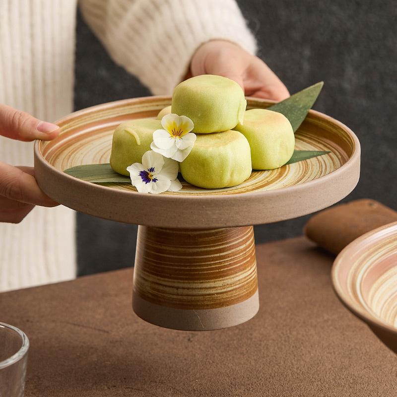 BRCoarse Pottery Fruit Platter Restaurant Dessert Snack Platter Molecular Cuisine Tableware Retro High Footed Salad Sashimi PlateEY